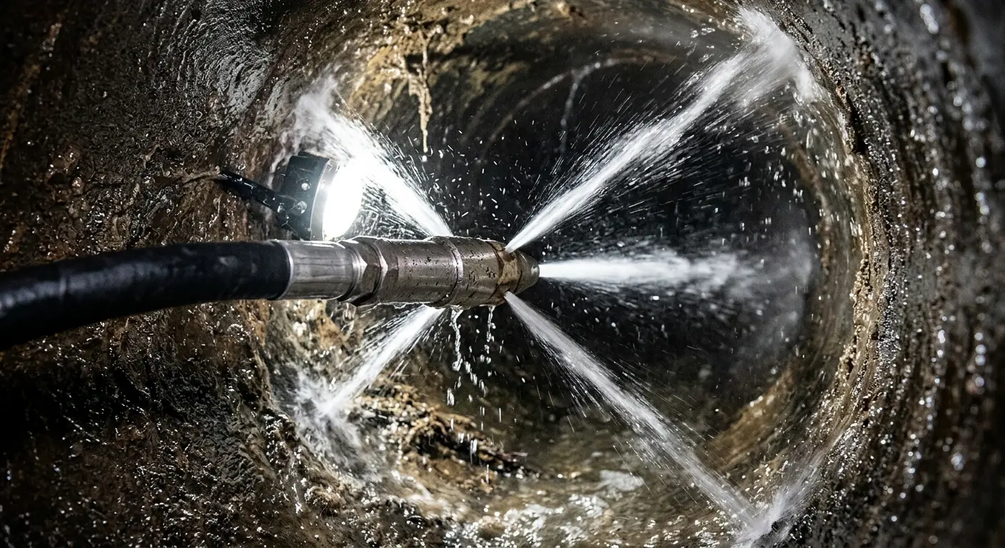 High-pressure hydro jetting nozzle cleaning sewer pipe for Emergency Drain Service in West Seneca