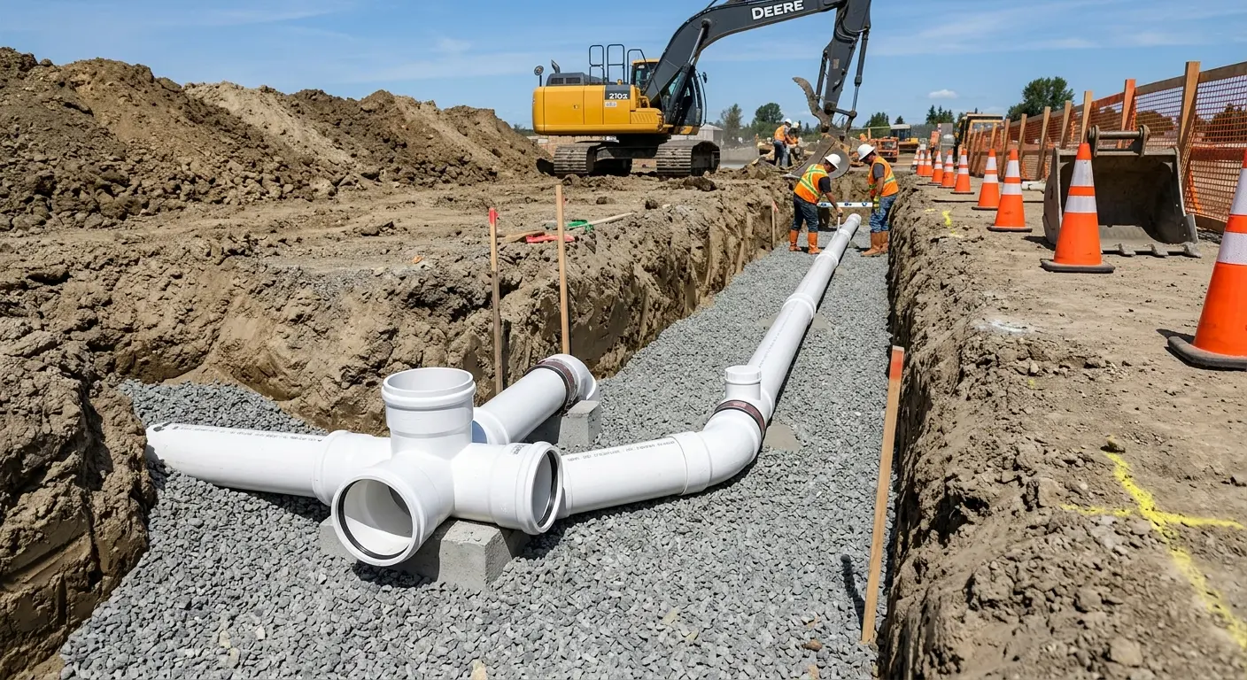 New PVC sewer pipe installation in open trench for Commercial Drain Cleaning in West Seneca