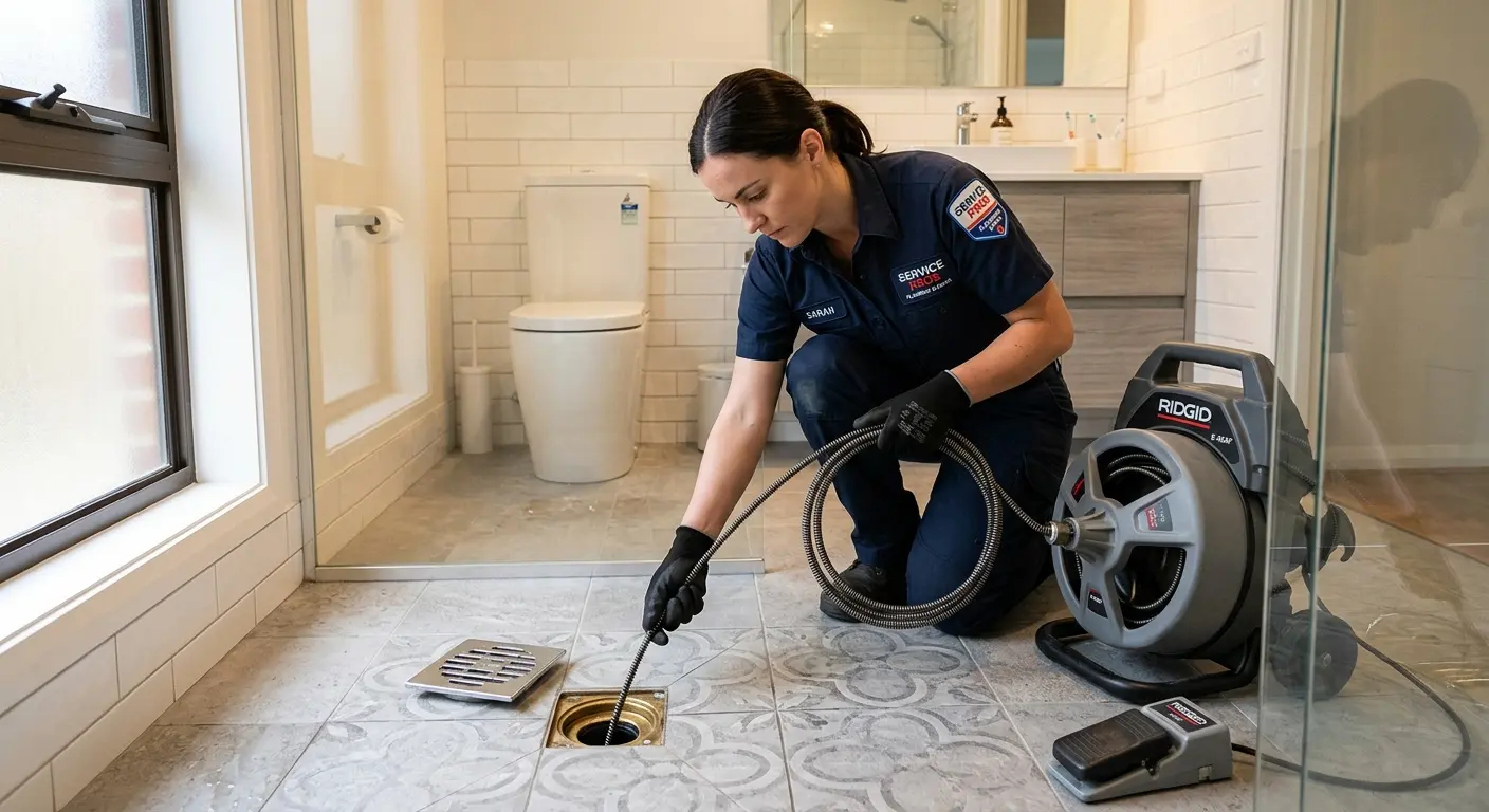 Technician clearing a bathroom floor drain for Drain Cleaning in West Seneca